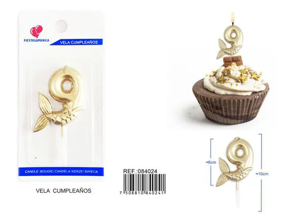 Vela de cumpleaños número 9 dorada 6 cm