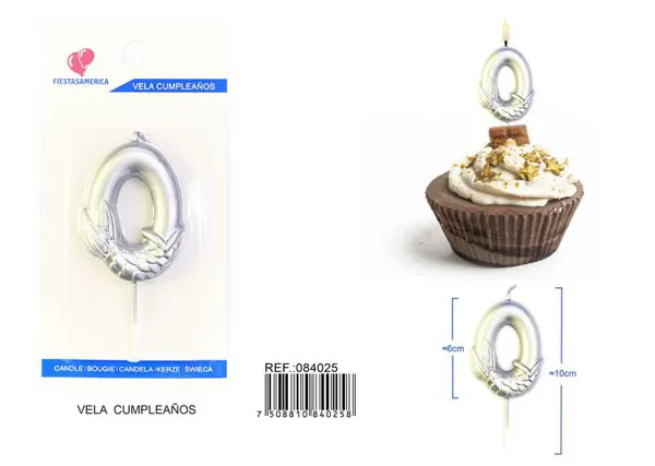 Vela de cumpleaños número 0 plateada 6 cm