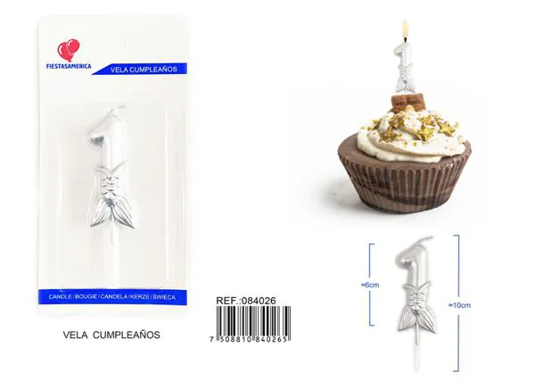 Vela de cumpleaños número 1 plateada 6 cm
