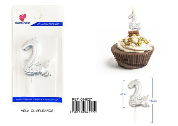 Vela de cumpleaños número 2 plateada 6 cm