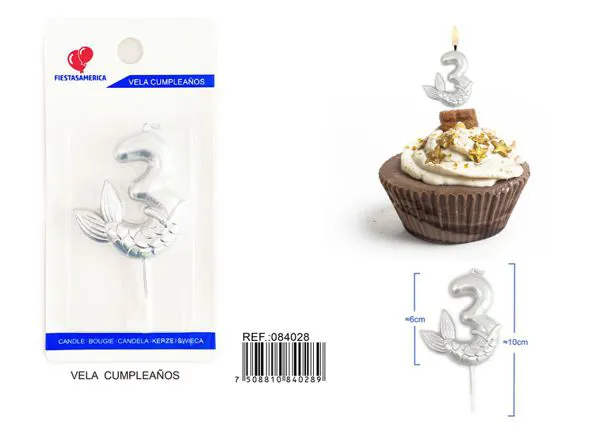 Vela de cumpleaños número 3 plateada 6 cm