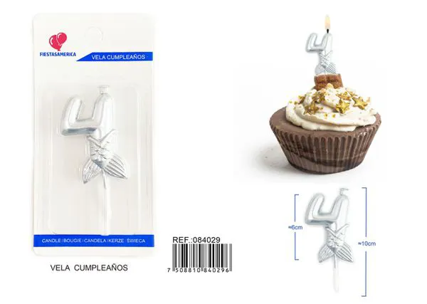 Vela de cumpleaños número 4 plateada 6 cm