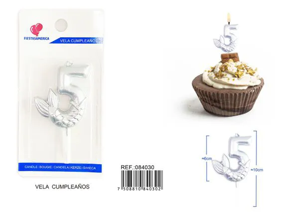 Vela de cumpleaños número 5 plateada 6 cm