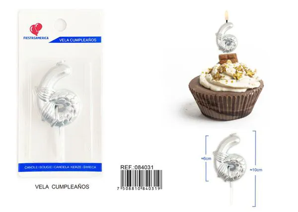 Vela de cumpleaños número 6 plateada 6 cm