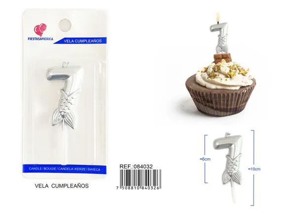 Vela de cumpleaños número 7 plateada 6 cm