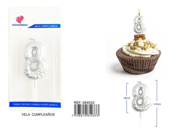 Vela de cumpleaños número 8 plateada 6 cm