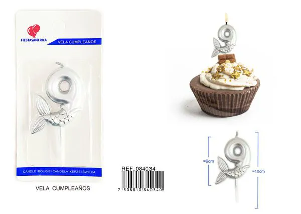 Vela de cumpleaños número 9 plateada 6 cm