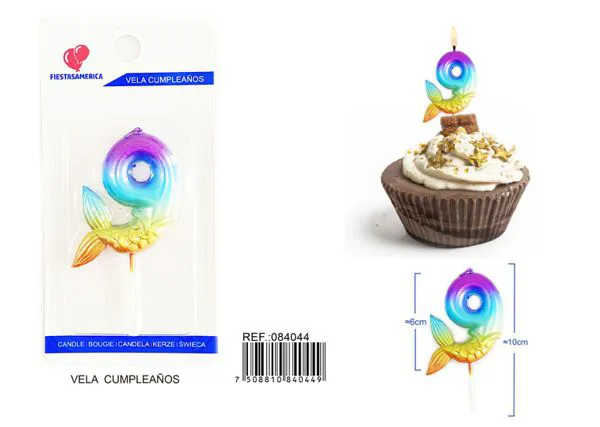 Vela de cumpleaños número 9 degradado 6 cm
