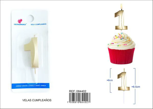 Vela de cumpleaños número 1 dorada 6 cm