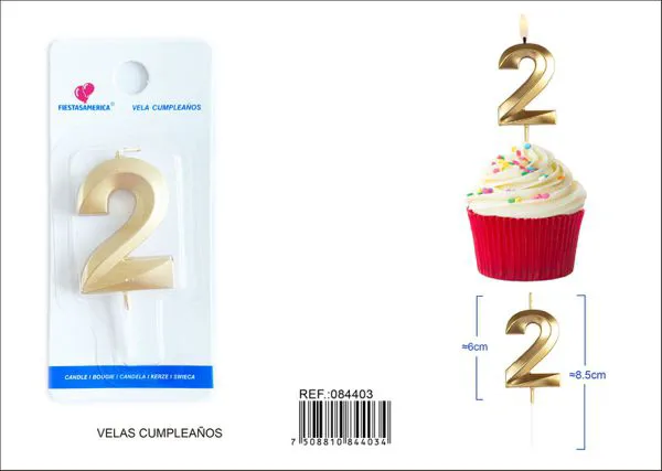 Vela de cumpleaños número 2 dorada 6 cm