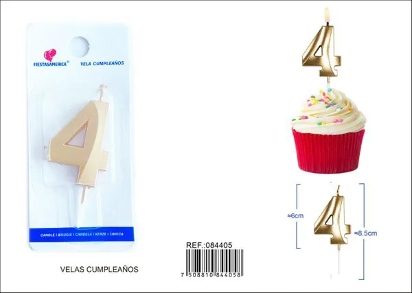 Vela de cumpleaños número 4 dorada 6 cm
