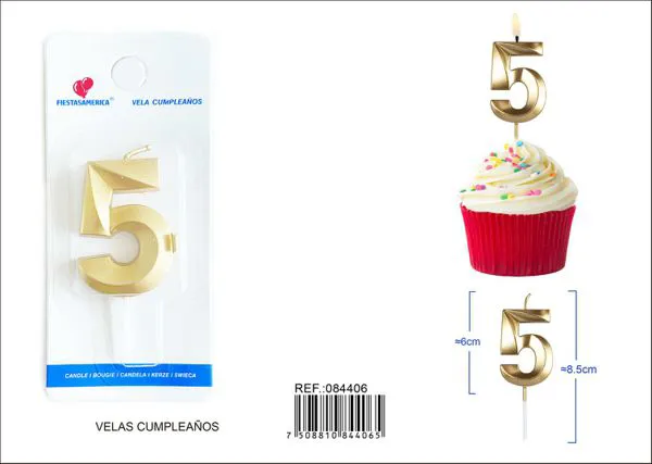 Vela de cumpleaños número 5 dorada 6 cm