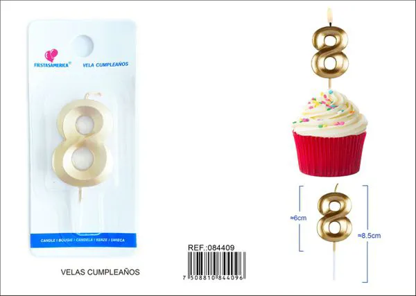Vela de cumpleaños número 8 dorada 6 cm