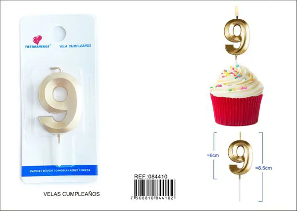 Vela de cumpleaños número 9 dorada 6 cm