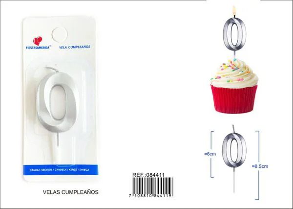 Vela de cumpleaños número 0 plateada 6 cm