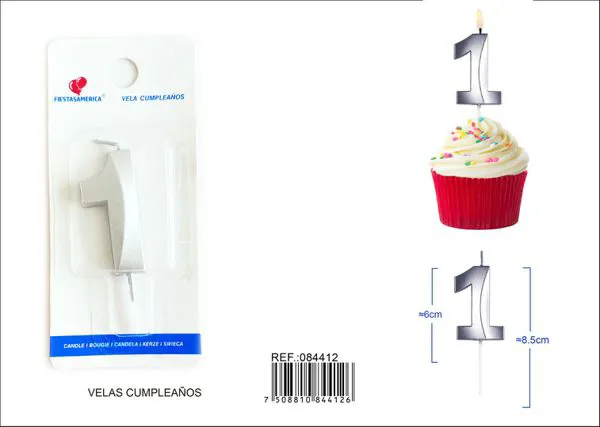 Vela de cumpleaños número 1 plateada 6 cm