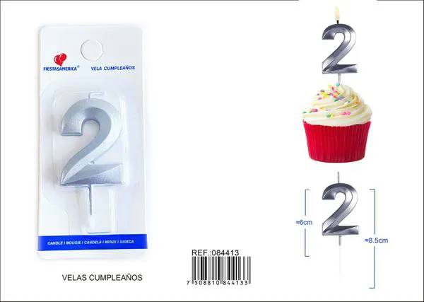 Vela de cumpleaños número 2 plateada 6 cm