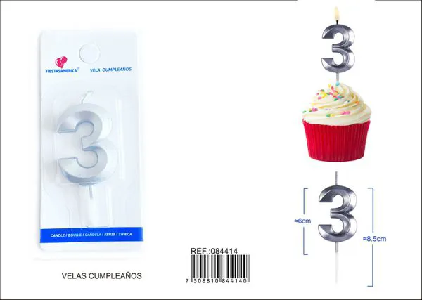 Vela de cumpleaños número 3 plateada 6 cm