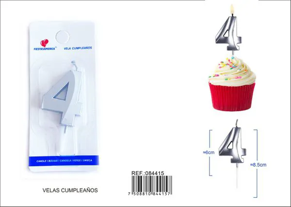 Vela de cumpleaños número 4 plateada 6 cm