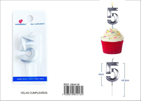 Vela de cumpleaños número 5 plateada 6 cm