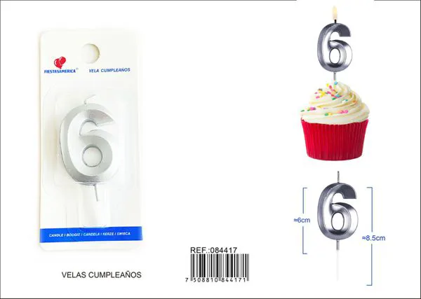 Vela de cumpleaños número 6 plateada 6 cm
