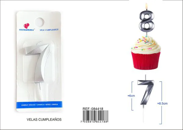 Vela de cumpleaños número 7 plateada 6 cm