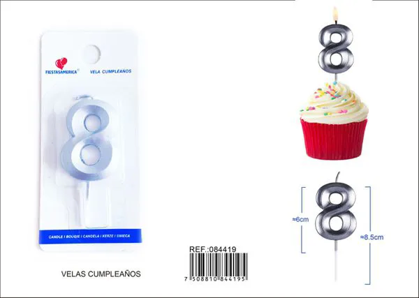 Vela de cumpleaños número 8 plateada 6 cm