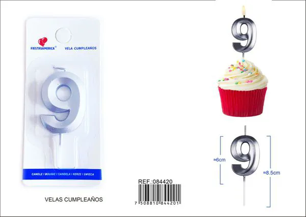 Vela de cumpleaños número 9 plateada 6 cm