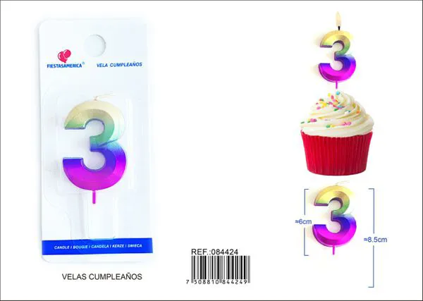 Vela de cumpleaños número 3 degradado 6 cm