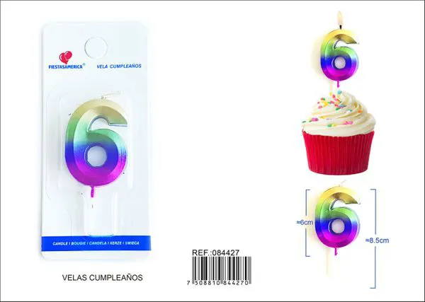 Vela de cumpleaños número 6 degradado 6 cm