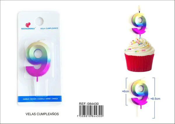 Vela de cumpleaños número 9 degradado 6 cm