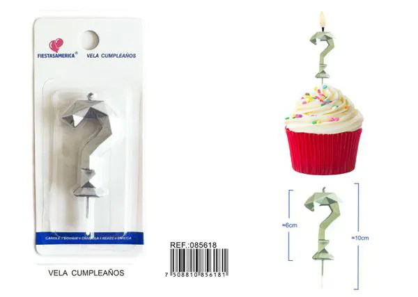 Vela de cumpleaños plateada poligonal 6 cm (número surtido)