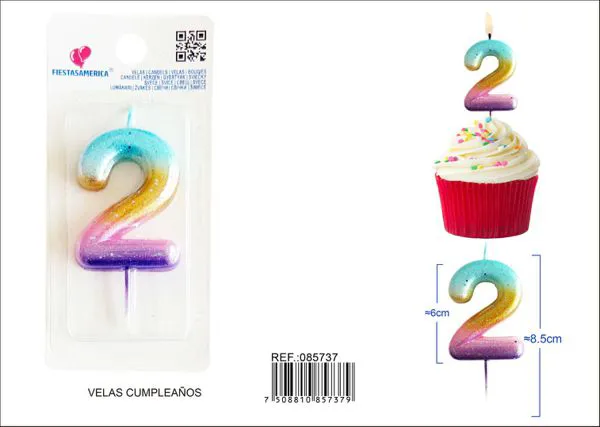 Vela de cumpleaños número 2 dorada degradado 6 cm