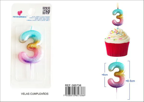 Vela de cumpleaños número 3 dorada degradado 6 cm