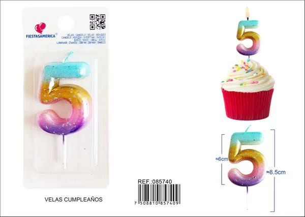 Vela de cumpleaños número 5 dorada degradado 6 cm