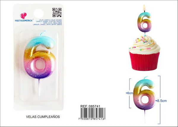 Vela de cumpleaños número 6 dorada degradado 6 cm