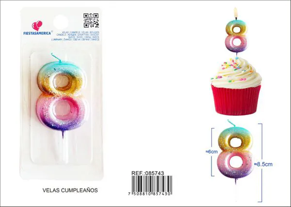 Vela de cumpleaños número 8 dorada degradado 6 cm