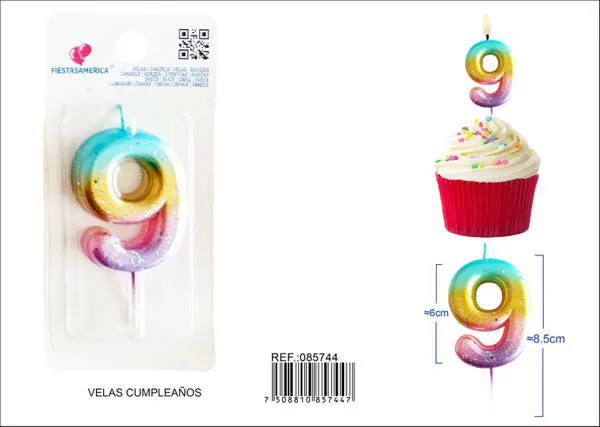 Vela de cumpleaños número 9 dorada degradado 6 cm