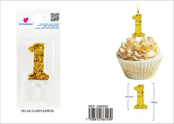 Vela de cumpleaños número 1 dorada 8.5 cm