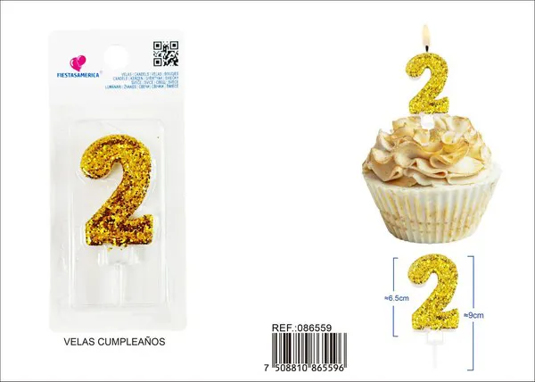 Vela de cumpleaños número 2 dorada 8.5 cm