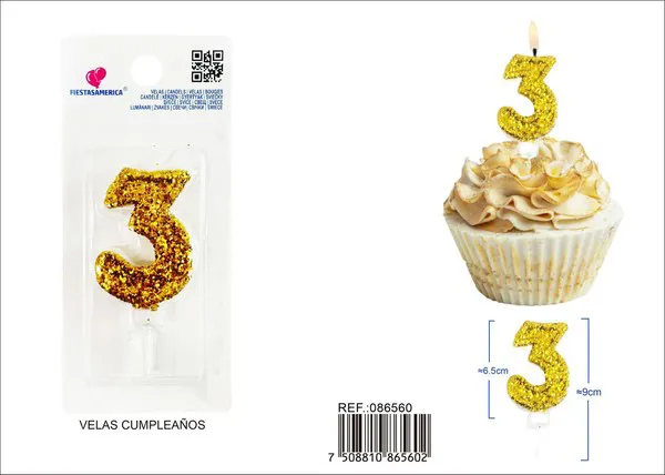 Vela de cumpleaños número 3 dorada 8.5 cm