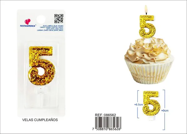 Vela de cumpleaños número 5 dorada 8.5 cm