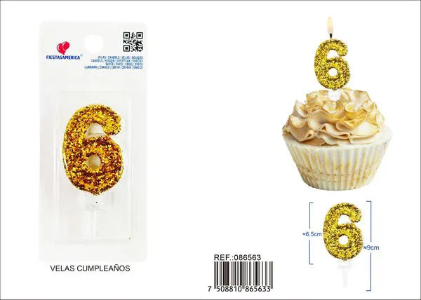 Vela de cumpleaños número 6 dorada 8.5 cm