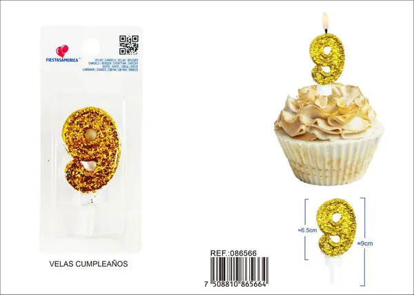 Vela de cumpleaños número 9 dorada 8.5 cm