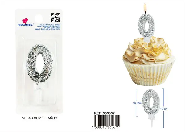 Vela de cumpleaños número 0 plateada 8.5 cm