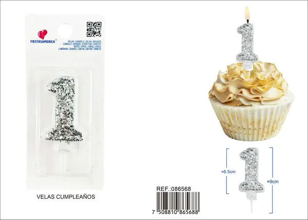 Vela de cumpleaños número 1 plateada 8.5 cm