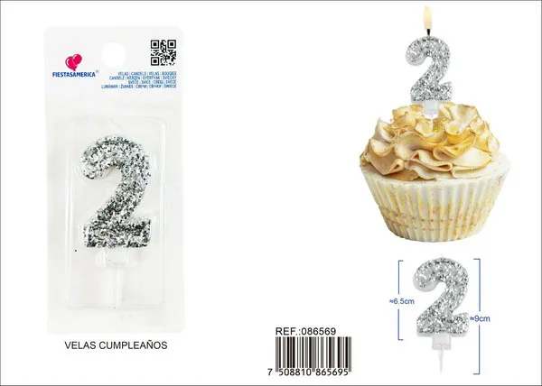Vela de cumpleaños número 2 plateada 8.5 cm