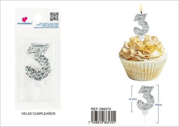 Vela de cumpleaños número 3 plateada 8.5 cm