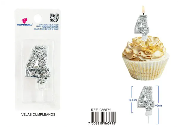 Vela de cumpleaños número 4 plateada 8.5 cm