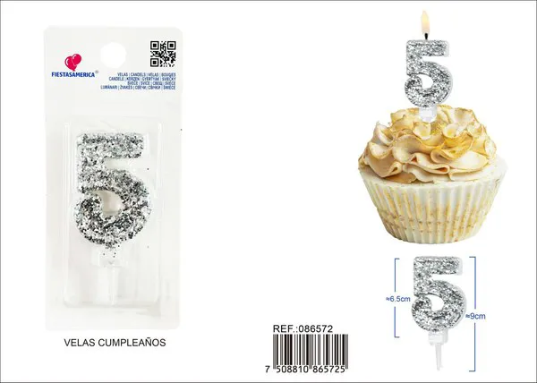 Vela de cumpleaños número 5 plateada 8.5 cm